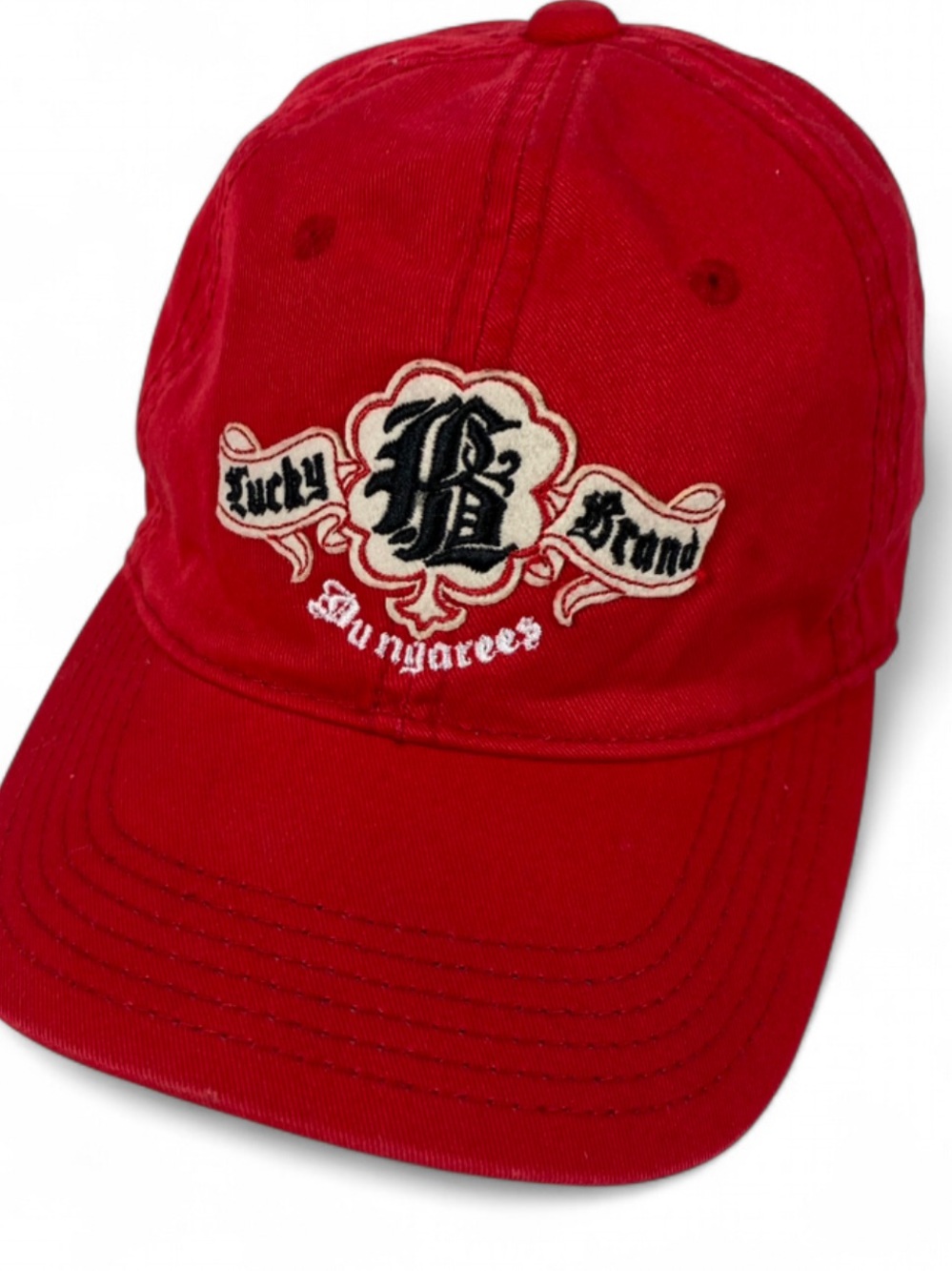 Lucky Brand Red Baseball Cap Embroidered Adjustable Cap Dungarees Logo Hat